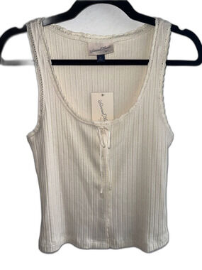 Universal Thread Cream Ribbed Lace-Trim Tank with Front Tie XS Country Boho Fall